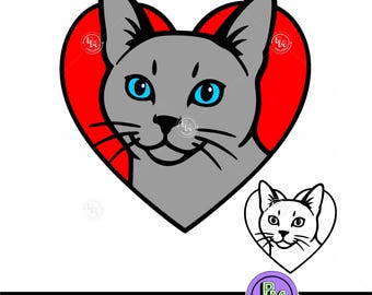 Cute Cat Heart SVG, Cat Lover Gift SVG, Kitty Face Cut File for Cricut, Pet Cat Clipart Design PNG Digital Download