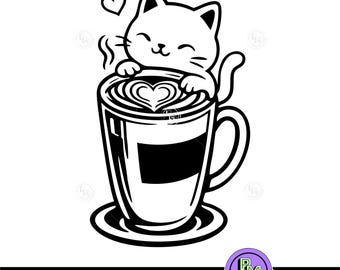 Kaffee Katze SVG, Latte Art Katze geschnitten Datei, süße Katze Kaffeetasse Clipart für Cricut Silhouette PNG DXF, Cafe Katze Wand Kunst Clipart