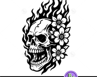 Skull SVG, Skull with Flaming SVG, Floral Skull Cut File, Gothic Skull SVG for Cricut, Tattoo Skull Clipart, Fire Skull Design