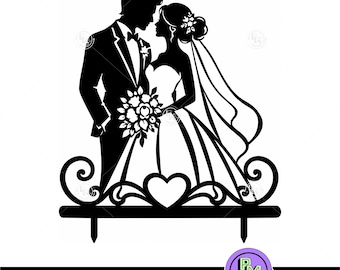 Braut und Bräutigam Kuchen Topper SVG PNG, Hochzeit Silhouette Design, Laser Cut Vorlage, Hochzeitstorte PNG, Braut und Bräutigam Silhouette