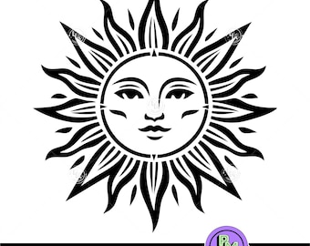 Sun Face SVG | Celestial Sun Flowing Rays  Boho Design | Vintage Sun Clipart | Cricut Silhouette Laser CutFile SVG PNG Nature Decor Art