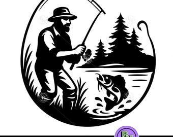 Fishing Man SVG Cut File | Bass Fishing Lake Silhouette | Outdoor Fisherman Cricut Design | Reel Catch Nature Hobby Gift | woodland fishing