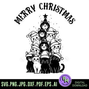 Könnte beinhalten: Schwarz-weiße Grafik eines Weihnachtsbaums aus Katzen mit Weihnachtsmützen. Die Worte "MERRY CHRISTMAS" sind über dem Baum angeordnet. Der untere Teil des Bildes zeigt Dateitypoptionen und ein Logo für den digitalen Download.