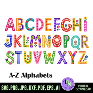 Può includere: Un set di alfabeto digitale con le lettere dalla A alla Z, ciascuna decorata con motivi floreali e geometrici colorati nelle tonalità rosso, arancione, giallo, verde, blu, viola e rosa. Il testo A-Z Alphabets e SVG.PNG.JPG.DXF.PDF.EPS.AI è visibile.