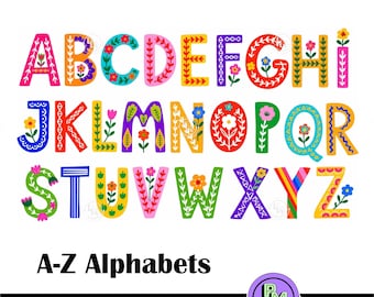 26 Colorful Floral  Alphabet A-Z PNG, Girls ABC Letters Clipart, Printable Alphabet Bundle,Folk Art Letters, A-Z Flower Alphabet Clipart