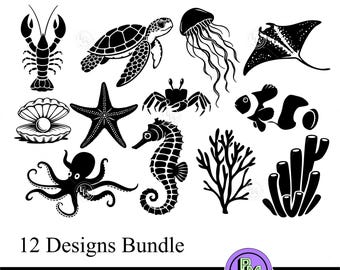Ocean Animals SVG Bundle, Sea Life Clipart SVG PNG, Marine Animals Cut Files, Beach Ocean Wall Art, Sea Creatures Bundle for Cricut
