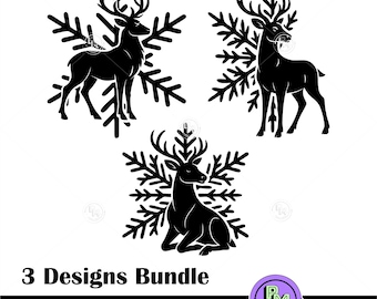 Reindeer Snowflake SVG Bundle, Christmas Deer Cut Files, Winter Woodland Set, Xmas Reindeer Clipart Christmas Design for Cricut Silhouette