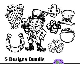 Lot de 8 modèles SVG de la Saint-Patrick, fichiers de coupe irlandais trèfle de bière trèfle lutin, trèfle irlandais bière lutin, chopes et décoration de fête