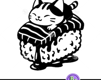 Katze auf Sushi SVG | Niedliches Kawaii-Sushi-Katze-Design | Lustiges japanisches Essen Clipart | Schlafende Katze SVG für Cricut Silhouette Schneiddateien PNG