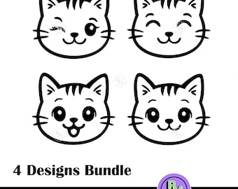 Cute Cat Face SVG Bundle | 4 Kawaii Kitten Outline Designs | Winking Smiling Cat Emoji Clipart | Cricut Silhouette Cutting Files PNG JPG