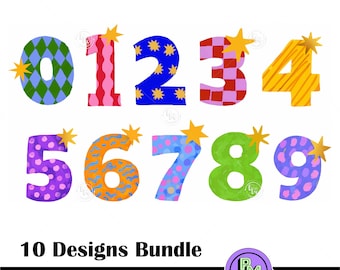 Buntes Zahlen Bundle PNG, 0-9 Zahlen PNG Set, Geburtstag Zahlen Grafiken für Kinder, druckbare Zahlen Kunst, druckbare Party Zahlen Clipart