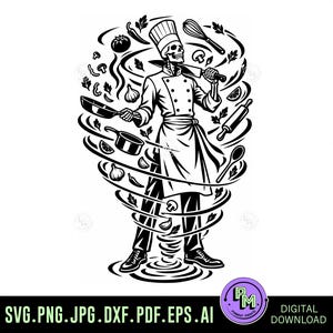 Peut inclure: Une illustration graphique en noir et blanc d'un chef squelette portant une toque et un tablier, tenant un grand couteau. Le personnage est entouré d'un tourbillon d'ustensiles de cuisine, dont une poêle, un fouet, un rouleau et des légumes.