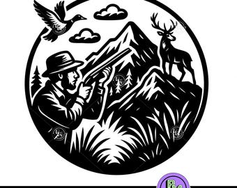 Round Hunting SVG with Deer, Duck, Mountains | Hunter Silhouette Cut File for Cricut, Wildlife Clipart, Hunting Scene Digital Art