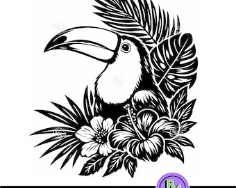 Toekan SVG, tropische vogel clipart, hibiscus bloem PNG voor Cricut, jungle muurkunst, palmblad ontwerp, DXF bundel sublimatie