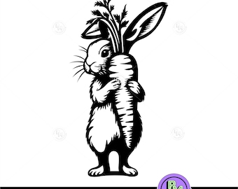 Lapin de Pâques SVG | Lapin mignon tenant une carotte SVG | Fichier de coupe lapin de Pâques | Clipart lapin Cricut, laser, travaux manuels printaniers et décoration d'animaux de la ferme