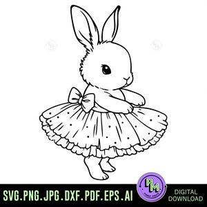 Puede incluir: Ilustración en blanco y negro de un lindo conejito con tutú y lazo. El conejito está de pie sobre sus patas traseras. La imagen incluye el texto "SVG.PNG.JPG.DXF.PDF.EPS.AI" y "DESCARGA DIGITAL".