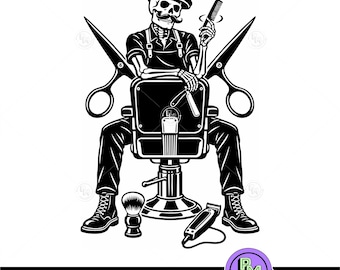 Barber Skeleton SVG, Vintage Barber Shop SVG, Skeleton Barber Clipart, Hairdresser Skull Design, Barber Chair PNG, Scissors Cut File