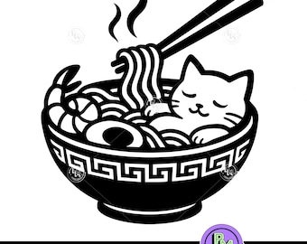 Katze in Ramen Schüssel SVG | Niedliches Nudel-Katzendesign | Kawaii Japanisches Essen Clipart | Lustige schlafende Katze SVG für Cricut Silhouette Asiatisches Essen