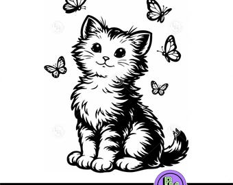 Cute Kitten SVG, Butterfly Cat PNG, Fluffy Cat Clipart, Sweet Pet Lover Shirt Design, Pet SVG Files, Digital Download for tees and gifts too