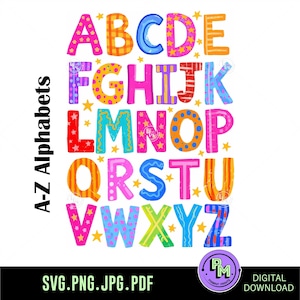 Puede incluir: Un gráfico alfabético de la A a la Z con letras en varios patrones como rayas, lunares y estrellas. Las letras están representadas en tonos brillantes de rosa, naranja, azul, rojo, amarillo y morado, intercaladas con pequeñas estrellas amarillas.