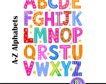 26 buntes Alphabet A-Z PNG, Kinder ABC Buchstaben Clipart, druckbares Alphabet Bundle, Vorschullernen digitaler Download