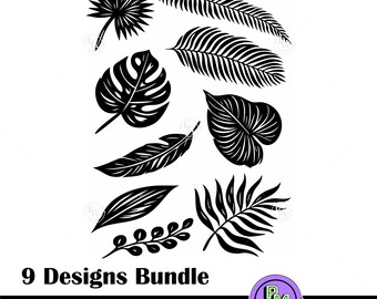 Tropical Leaves SVG Bundle, Palm Leaf Clipart Bundle, Monstera Leaf PNG for Cricut, Jungle Leaf Set, 9 Designs DXF  Printable, monstera svg