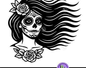 SVG de Mulher Caveira Mexicana para o Dia dos Mortos | Arquivo de Corte para o Dia dos Mortos | Design Gótico de Halloween para Cricut e Gravação a Laser | Arte Calavera