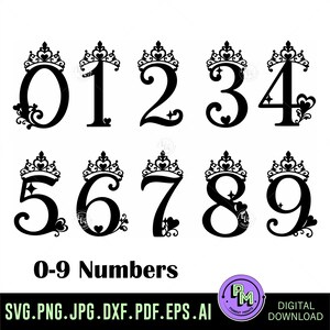 Números de corona de princesa SVG PNG, paquete de números del 0 al 9, adorno para pastel de cumpleaños real, archivos de corte de números de tiara para Cricut y manualidades láser
