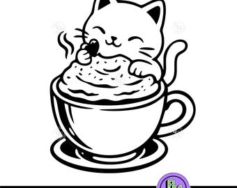 Niedliche Katze Kaffee SVG, Café Wand Kunst Kaffee Sahne Becher Design, Kawaii Kitty Kaffee Kunst Schnittdatei, Kitty Becher Schnittdatei, entzückende Katze Latte Art