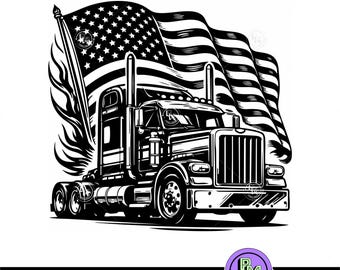 Amerikanischer LKW SVG PNG, Semi Truck USA Flaggendesign, Vaterländischer Fernlastfahrer Clipart für Cricut, Big Rig Fourth of Jul Freiheit Kunst