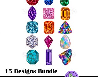 15 GemstonePNG, Colorful Crystal Gems Clipart Bundle PNG, Diamond Jewel Clipart, Birthstone Gem Graphics, Precious Stone Digital Download