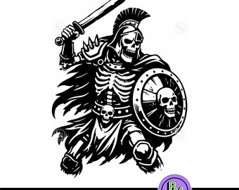 Skelett Gladiator SVG PNG, Spartanischer Krieger Schädel, Gothic Skelett Kämpfer, alter römischer Krieger Clipart, Gothic Skelett Gladiator SVG