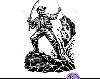 Skeleton Fishing SVG, Fisherman Skeleton SVG, Bass Fishing Clipart, Fishing Skull Design, Fisherman Gift, Fishing Shirt PNG, Angler Cut File
