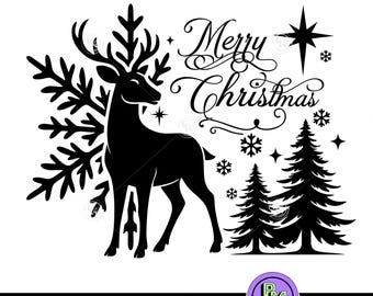 Frohe Weihnachten Hirsch SVG | Rentier und Schneeflocke Weihnachten Design für Cricut Silhouette | Hirsch Baum Winter Wald Urlaub SVG Schnitt Datei