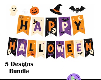 Haappy Halloween Banner SVG, Happy Halloween Garland, Halloween Party Bundle Decor, Printable Halloween Bunting, Ghost Pumpkin Witch Bat