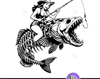 Pinup Angler Mädchen auf Monsterfischen schneiden Datei für Cricut, Cowgirl Angler Shirt Design, Bass Aufkleber Aufkleber Spaß, Sofort Download, SVG DXF PNG