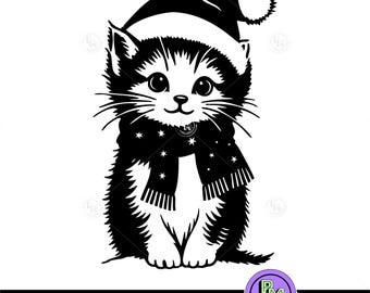 Cute Christmas Cat SVG, Winter Kitty Clipart, Santa Hat Cat Cut File, Christmas Gift Kitten SVG for Cricut, Xmas Cat, Christmas shirt design