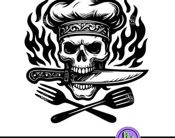 SVG de calavera de chef / Diseño de cuchillo de chef gótico / Imágenes prediseñadas de cocina / SVG de parrillero / Regalo para cocinero de restaurante / Cuchillo de cocina para Cricut / Imágenes prediseñadas de chef