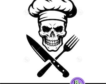 Chef Skull Head Silhouette | Horror Knife Skull Cut File for Cricut and Laser Engraving | Gothic Cook Grillmen Skeleton Tattoo Style Art