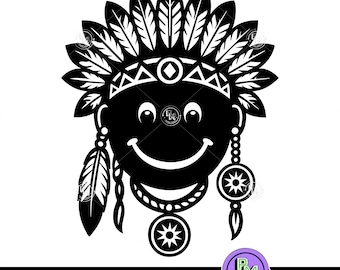 Tribal Headdress Emoji SVG | Smiling Face with Feathers & Beads Cut File | Native Inspired Design | Cricut Silhouette SVG PNG