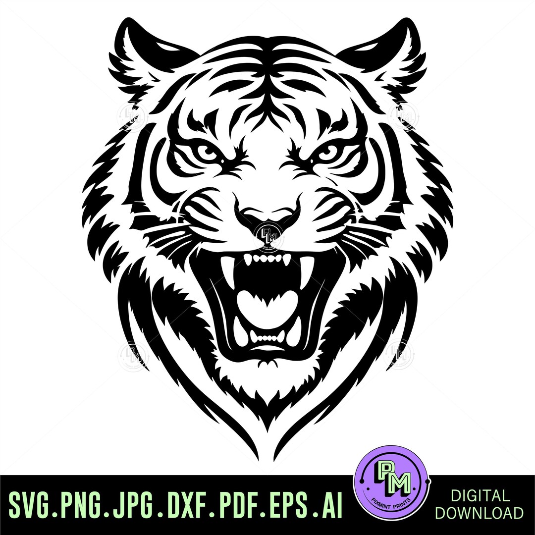 Roaring Tiger Head SVG, Aggressive Wild Animal Face Cut File for Cricut ...