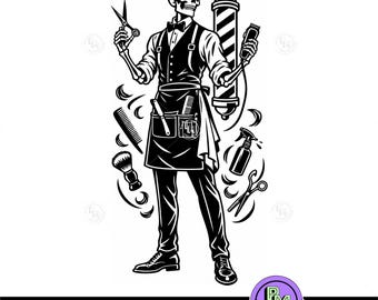 Skeleton Barber SVG, Barber Shop SVG, Vintage Barber Skeleton, Hair Stylist Skull PNG, Barber Pole Clipart, Hairdresser Cut File