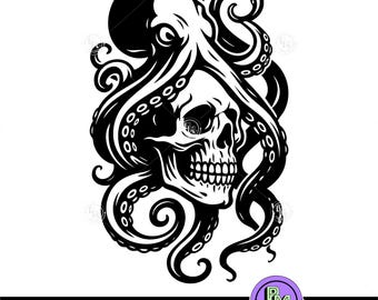 Octopus Skull SVG, Kraken Tentacle Skeleton Cut File, Nautical Gothic Clipart for Cricut & Laser Engraving, Halloween Tattoo Design PNG DXF