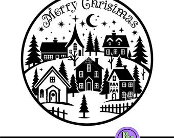 Merry Christmas Village, Round Christmas Ornament SVG, Winter Town Scene Cut File, Laser Cut Xmas Design, Cricut Silhouette PNG SVG