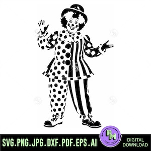Puede incluir: Una ilustraci&oacute;n gr&aacute;fica en blanco y negro de un payaso con sombrero, cuello con volantes y un disfraz con un dise&ntilde;o dividido con lunares en un lado y rayas verticales en el otro. El payaso tiene el pelo rizado y la cara pintada.