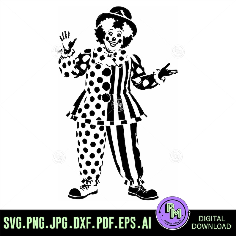 Puede incluir: Una ilustraci&oacute;n gr&aacute;fica en blanco y negro de un payaso con sombrero, cuello con volantes y un disfraz con un dise&ntilde;o dividido con lunares en un lado y rayas verticales en el otro. El payaso tiene el pelo rizado y la cara pintada.