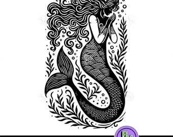 Meerjungfrau SVG Mystisch Sirene Göttin Göttin Ozean Kunst Fantasy Meerjungfrau Tattoo Design Cricut Laser Cut Boho Wandkunst, Meerjungfrau Boho-Wanddekor