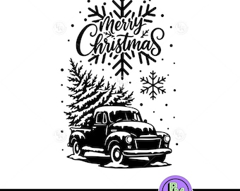 Merry Christmas Truck SVG | Vintage Pickup with Christmas Tree and Snowflakes | Holiday Farmhouse Christmas Design for Cricut Silhouette PNG