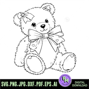 May include: Black and white line art illustration of a teddy bear with a large bow on its chest and a smaller bow on its head. The bear has heart details on its paws and bow. Text at the bottom reads "SVG.PNG.JPG.DXF.PDF.EPS.AI".