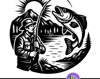 Fishing SVG | Sunrise Fisherman and Bass Cut File | Mountain Lake Scene Silhouette for Cricut & Laser Engraving | Outdoor Fishing Design